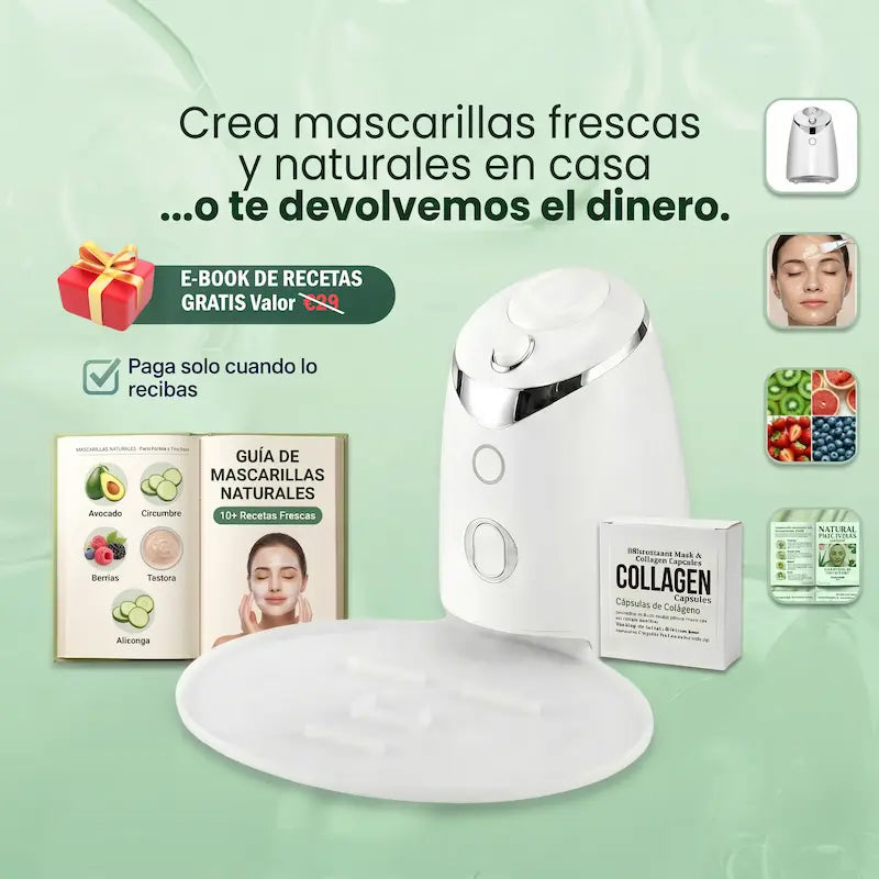 Facial mask-making device with ingredients and an e-book on a green background