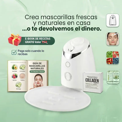 Facial mask-making device with ingredients and an e-book on a green background