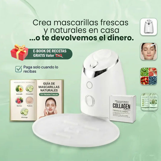 Facial mask-making device with ingredients and an e-book on a green background